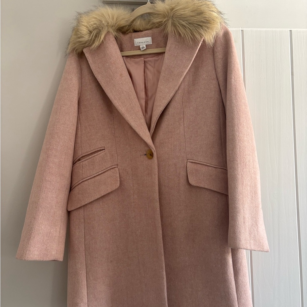 Topshop Pink Coat with Faux Fur Collar